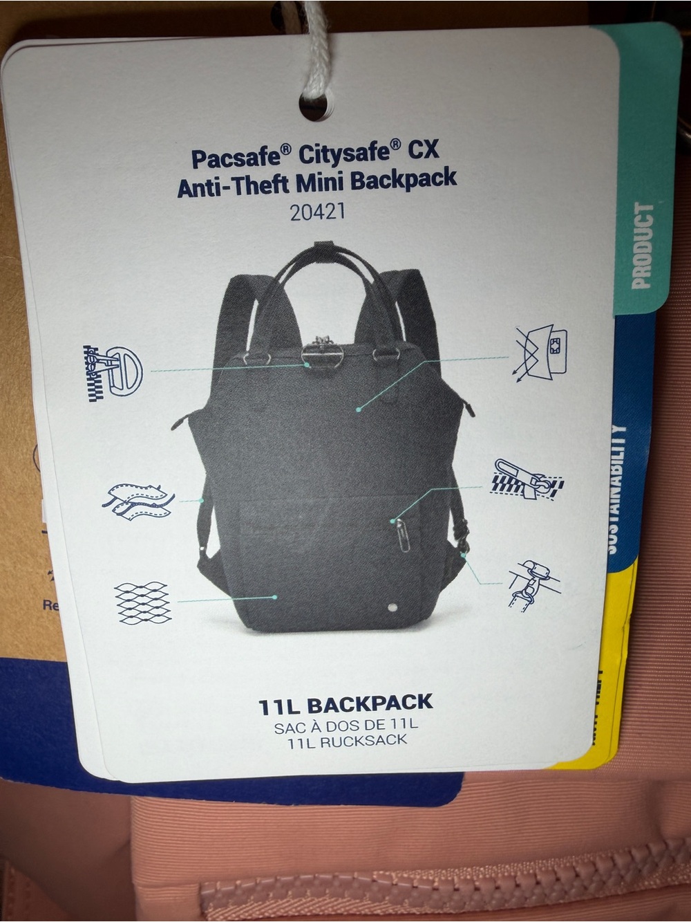 Pacsafe Citysafe CX Anti-Theft Mini Backpack 11L Econyl Rose Gold New With Tags - Picture 2 of 9